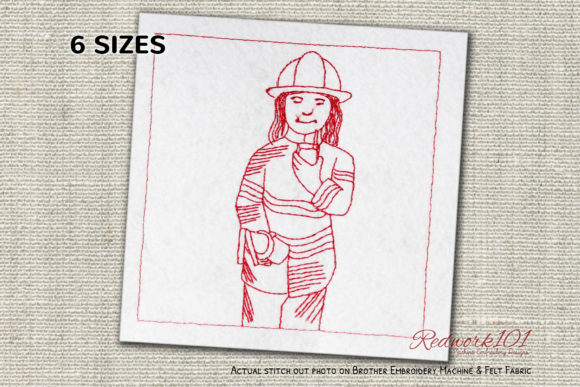 Female Fire Fighter in Uniform Redwork for Seasonal Embroidery